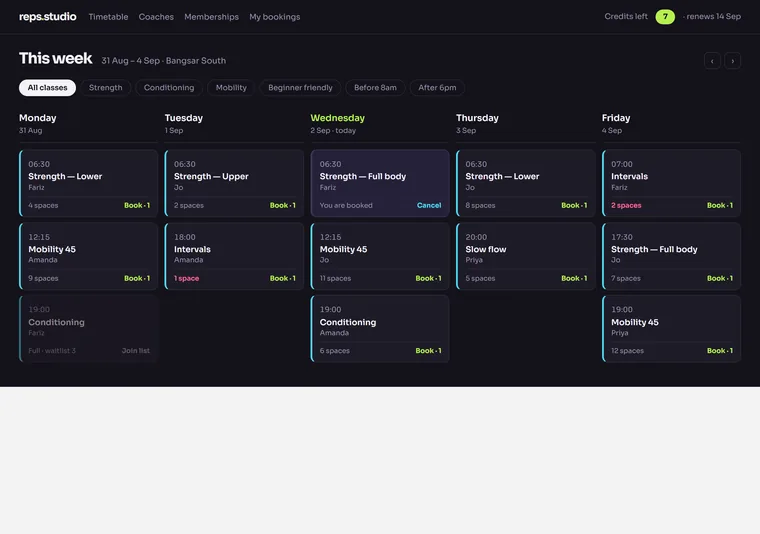 Class timetable — a booking design direction