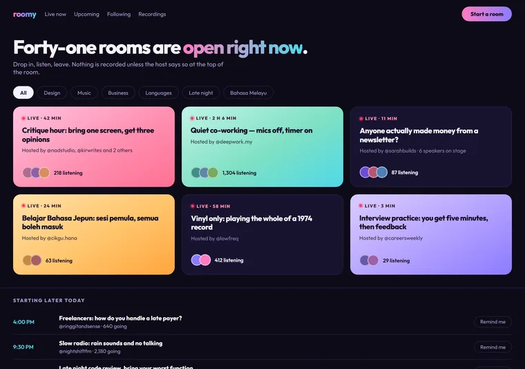 Live rooms — a social network design direction