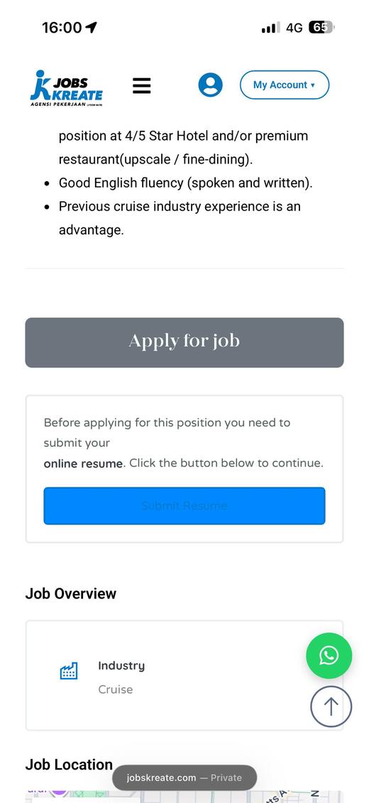 Cruise job page on a phone. The Apply for job button is greyed out and disabled. Below it a box reads: before applying for this position you need to submit your online resume.