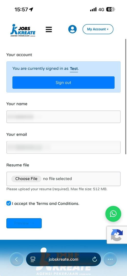 Résumé submission form showing a signed-in account notice, name and email fields, a required résumé file upload, a terms checkbox and a reCAPTCHA.