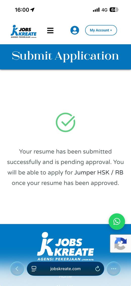 Confirmation screen with a green tick reading: your resume has been submitted successfully and is pending approval. You will be able to apply once your resume has been approved.
