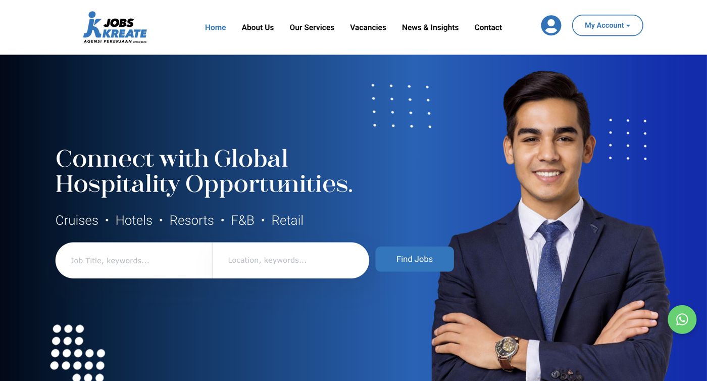 The old Jobs Kreate homepage: a blue gradient hero with a stock photograph of a man in a suit, the heading Connect with Global Hospitality Opportunities, a list of sectors, and a keyword and location search bar.
